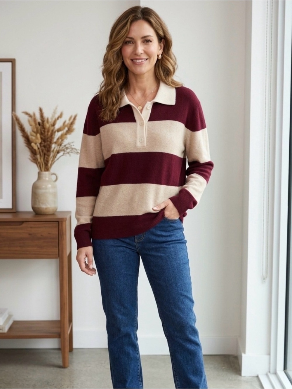 242 NWT Design 365 Women’s Burgundy and Beige Striped Cashmere Sweater